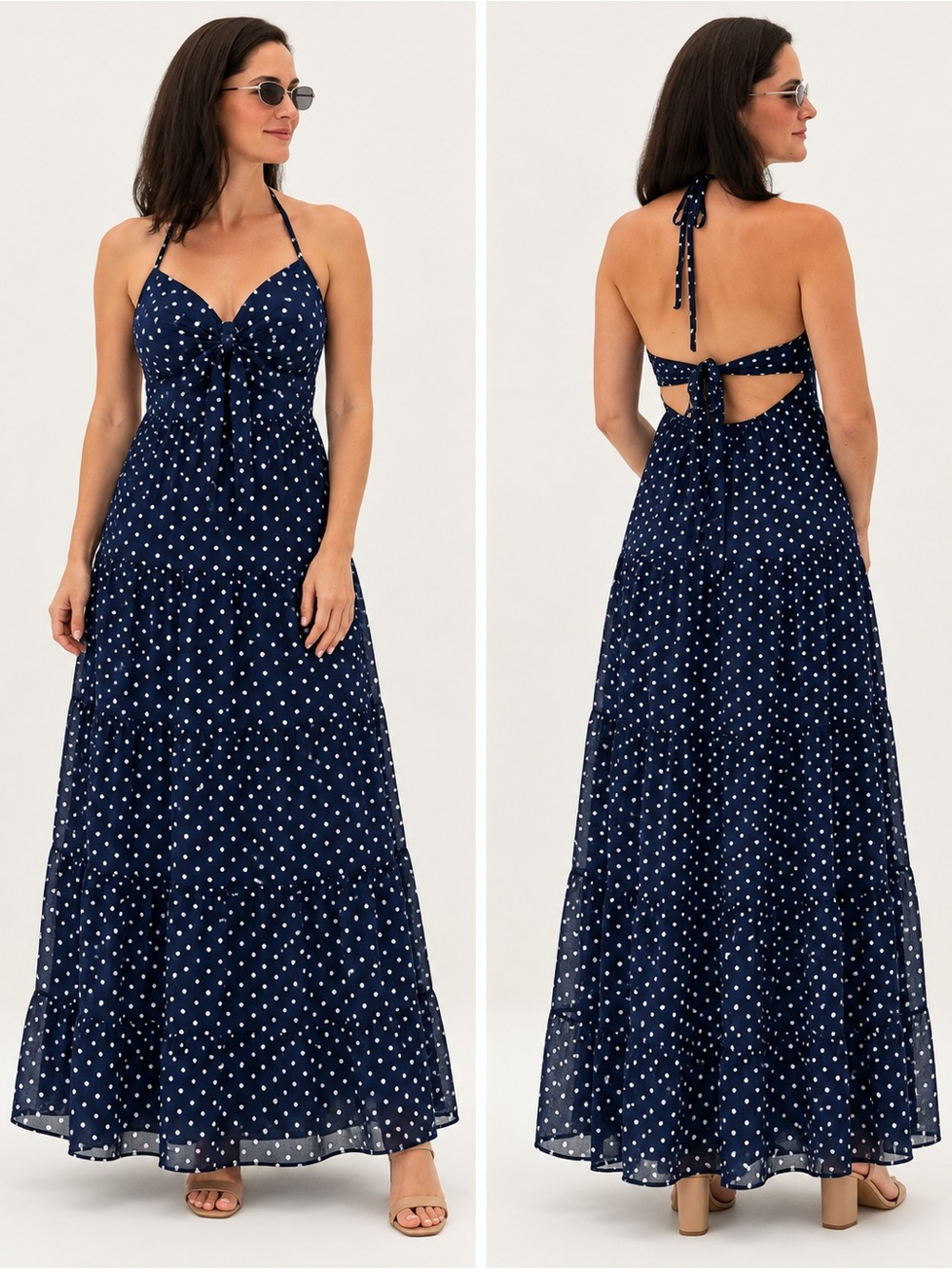 Rachel Paige Navy Polka Dot Halter Maxi Dress Size S New With Tags
